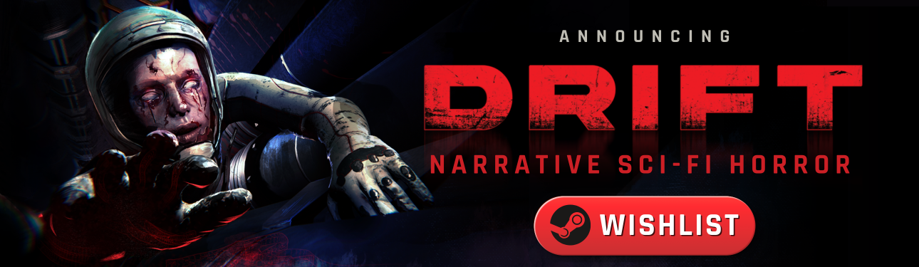 Promotional banner for the upcoming sci-fi horror game DRIFT from Crux Game Studios.