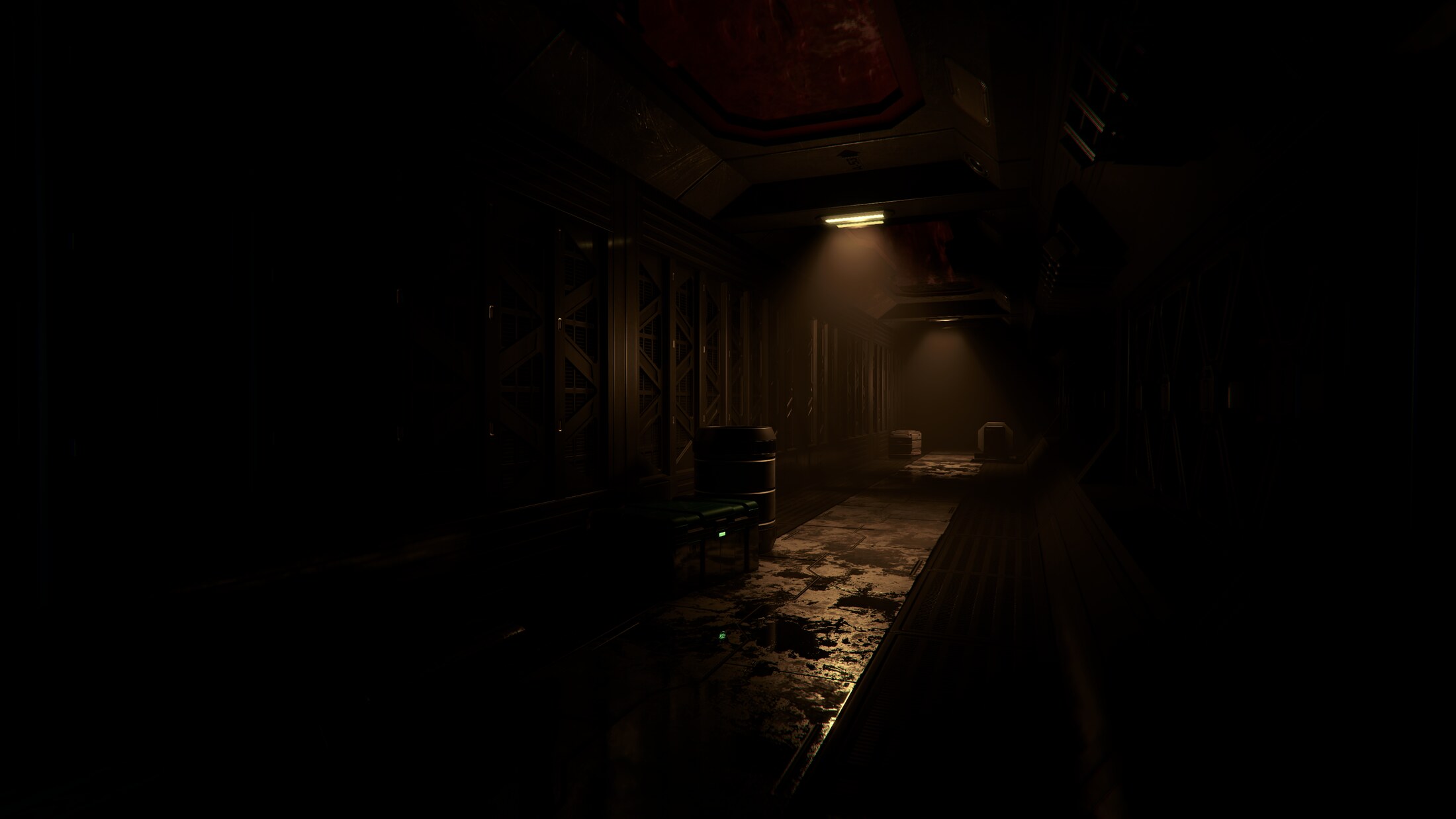 A desolate, eerie sci-fi corridor from a Crux Game Studios horror game.